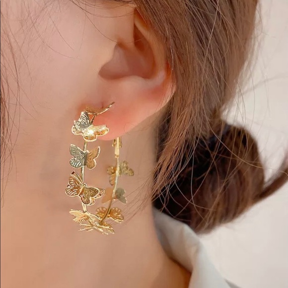 Gold Butterfly Hoop Earrings - Picture 2 of 7